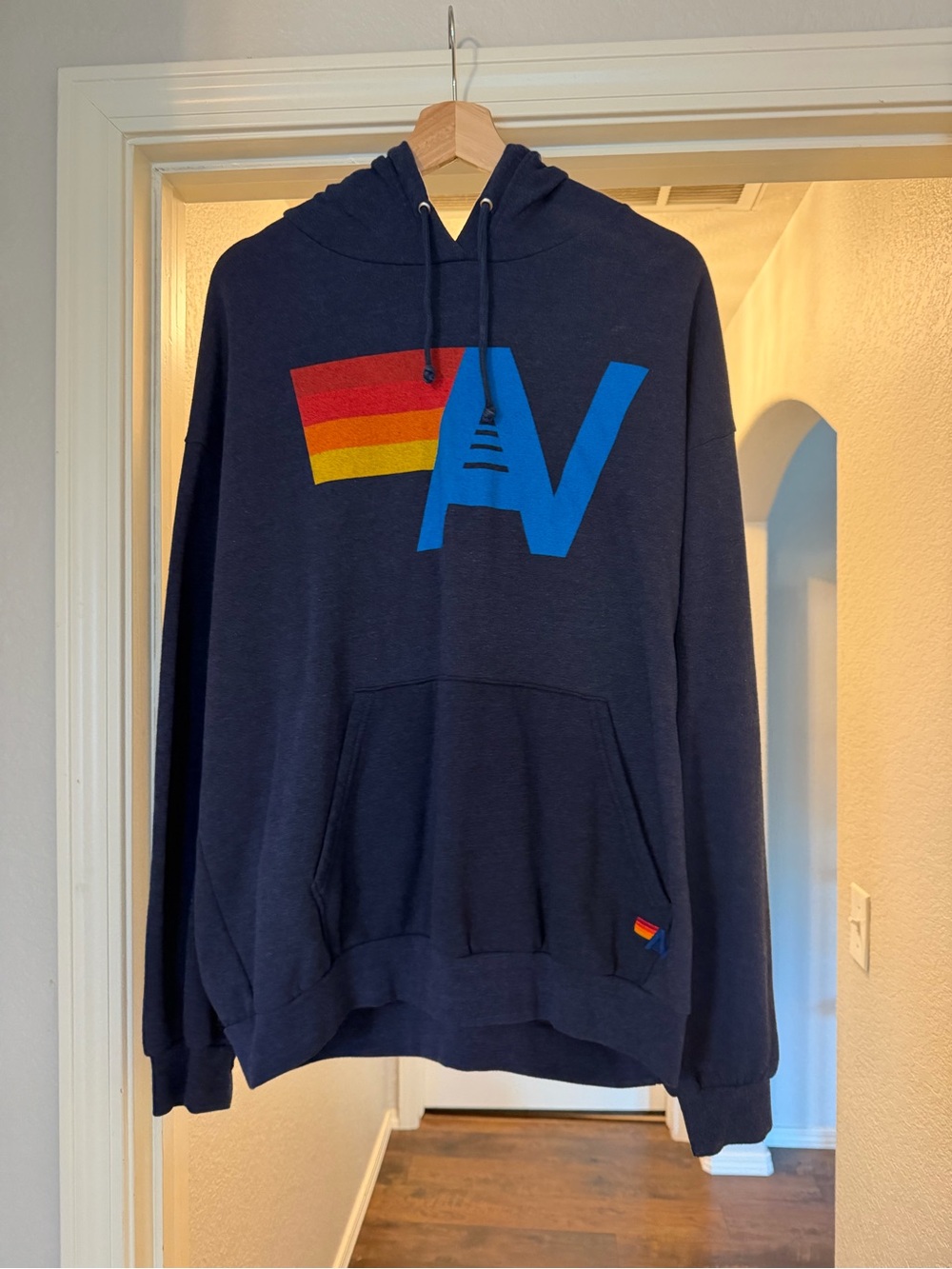 Aviator Nation Navy Crewneck Hoodie with Rainbow Stripe AV Logo